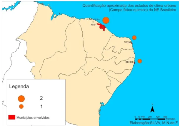 Figura 3 - Quantificação aproximada dos estudos de clima urbano no Nordeste: campo Físico-Químico.