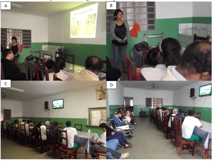 Figura 1. A, B) Apresentação para alunos e funcionários da APAE, C, D) Exibição de filmes infantis para os  alunos da APAE