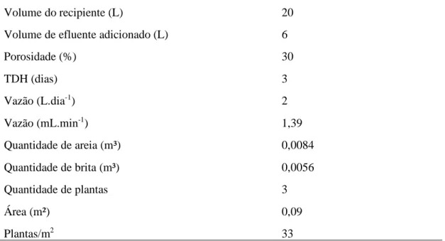 Tabela 1. Parâmetros de dimensionamento do wetland em escala de bancada 