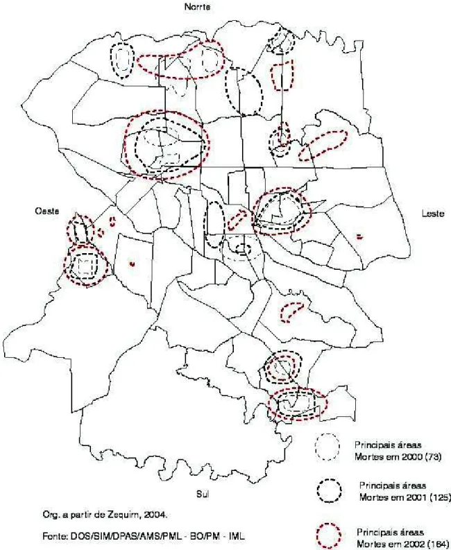 Figura 3 - Área urbana de Londrina: principais áreas de mortes de jovens - 2000 a 2002