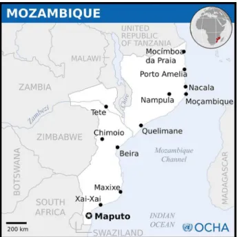 Figura 1 - Moçambique: Principais cidades e países limítrofes   Fonte: UN Office for the Coordination of Humanitarian Affairs (OCHA, 2015).