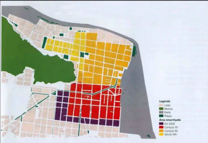 Figura 2 - Evolução da ocupação de domicílios encortiçados no município de Santos do século XIX ao ano de 2000  Fonte: CDHU (2002).