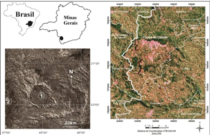 Figura 1 - Localização do município de Poços da Caldas, em Minas Gerais  Fonte: Adaptado de Moraes &amp; Jiménez-Rueda (2008) e Teixeira et al
