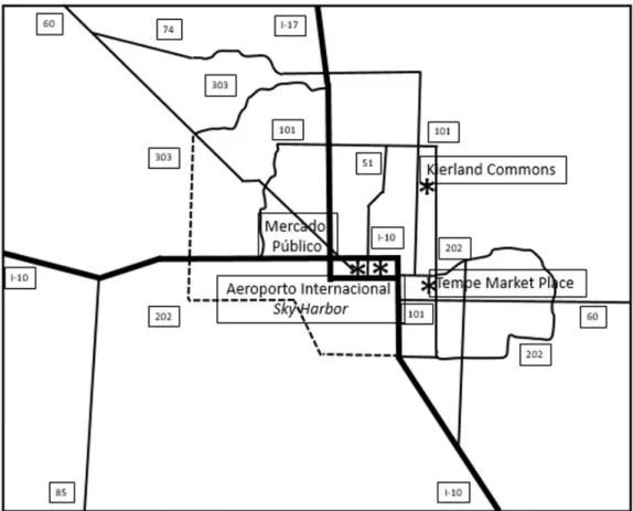 Figura 1 - Localização dos formatos comerciais na área metropolitana de Phoenix, Arizona, Estados Unidos  Nota: Redesenhado pelo autor com base em cartograia de Maricopa Association of Governments.