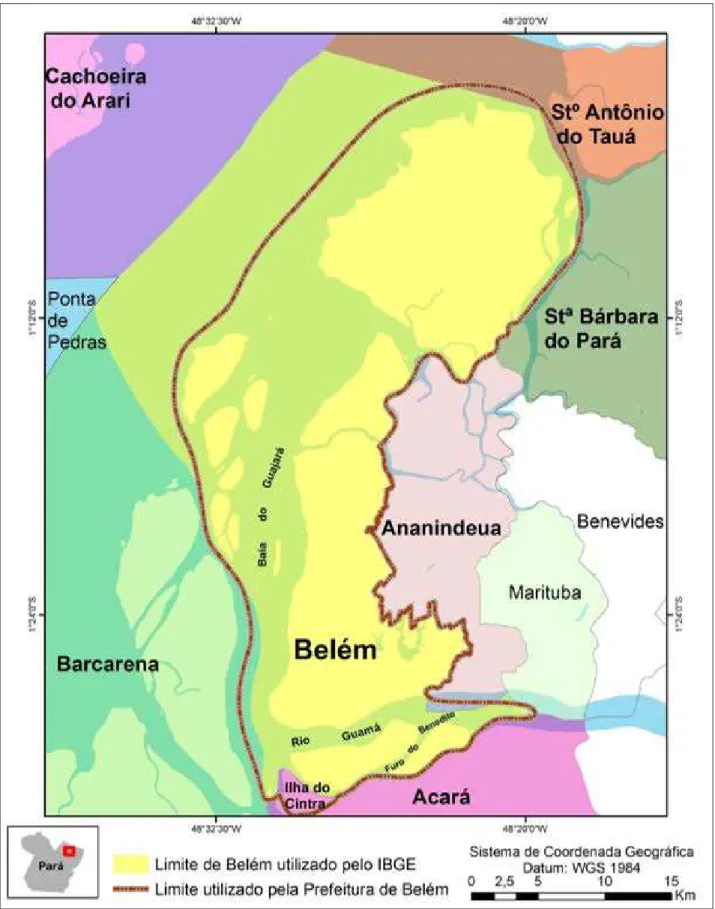 Figura 2 - Limites territoriais de Belém, Estado do Pará, usados pela Prefeitura Municipal de Belém (PMB) e pelo Instituto Brasileiro de Geografia e  Estatística (IBGE)  
