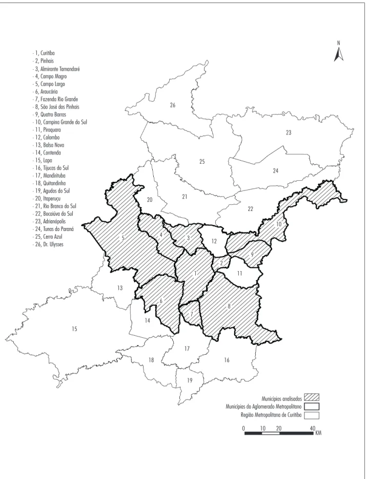 Figura 1 - Região Metropolitana de Curitiba, aglomerado metropolitano de Curitiba e municípios analisados – 2011 Fonte: SILVA, 2012.