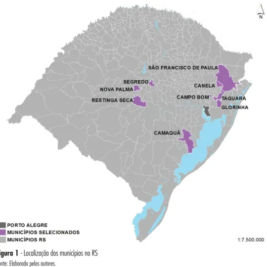 Figura 1 - Localização dos municípios no RS Fonte: Elaborado pelos autores.