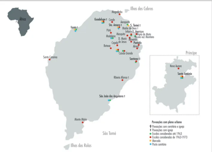 Figura 12 - Esquema dos aglomerados urbanos de São Tomé e Príncipe e seus principais equipamentos Fonte: Ana Vaz Milheiro/Filipa Fiúza/ PTDC/AURAQI/104964/2008.