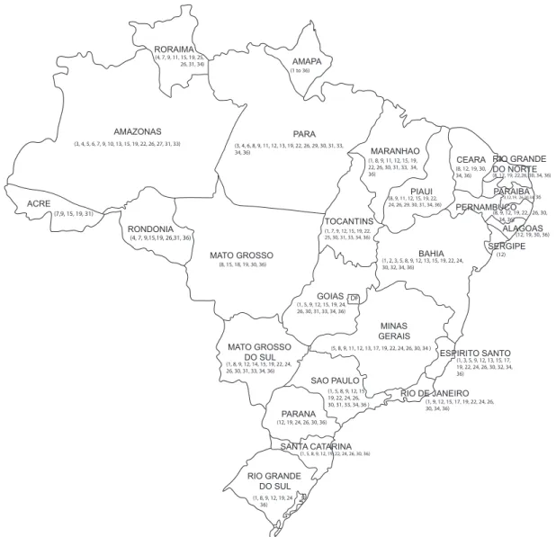 Figure 1. Geographic distribution in Brazil of the Anastrepha species reported from Amapá, based on the present study (species 1, 6, 7, 8, 9, 10, 11, 12, 13, 17, 18, 19, 20, 24, 25, 28, 30, 32) and on previous records: S ILVA  et al