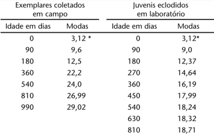 Figura 3. Curva de crescimento em comprimento da carapaça de P. defossus, de exemplares coletados em campo e de juvenis  culti-vados em laboratório