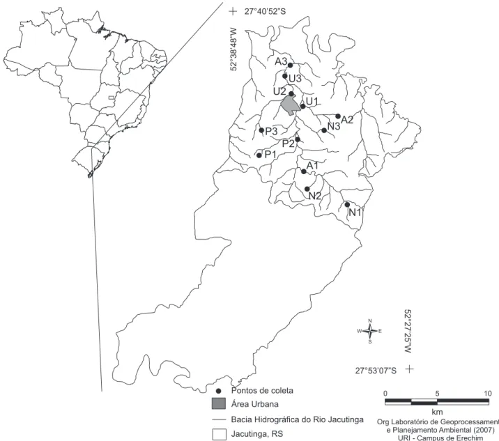 Figura 1. Localização da bacia hidrográfica do Rio Jacutinga e locais de coleta no município de Jacutinga, Rio Grande do Sul.