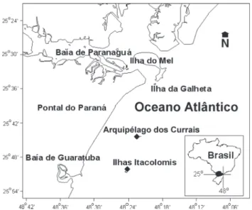 Figura 1. Mapa da localização das estruturas recifais (  ) na plataforma rasa do litoral do Paraná.