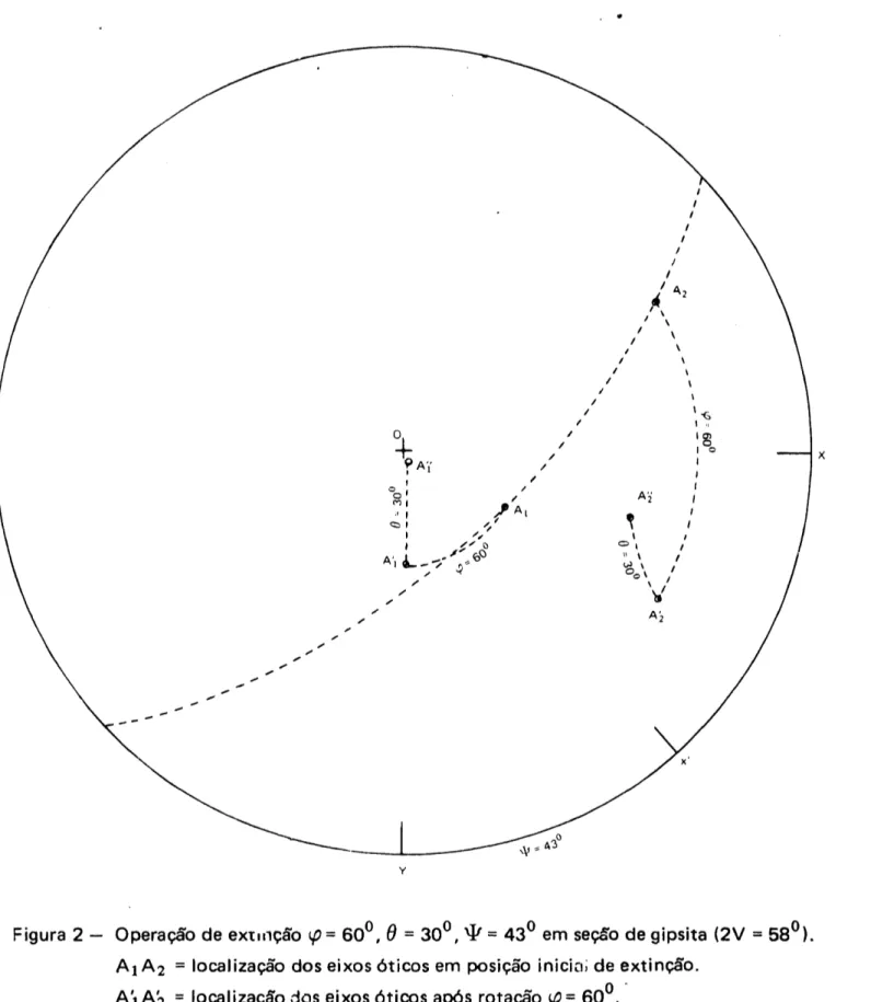 Figura 2 - Operação de eximçáo φ - 60°, θ = 30°, Ψ = 43° em seção de gipsita (2V = 58°)