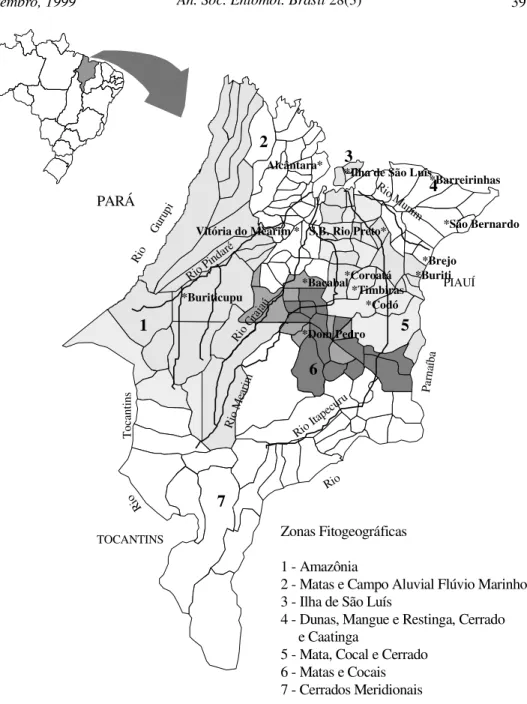 Figura 1. Mapa do Estado do Maranhão mostrando as zonas fitogeográficas (Adaptado do IBGE 1984) e os municípios nos quais foram feitas capturas dos machos de Euglossini.