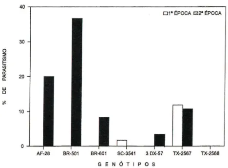 Figura 2. Percentagem de parasitismo de Diatraea saccharalis por Cotesia  flavipes  em diversos   genótipos   de   sorgo.