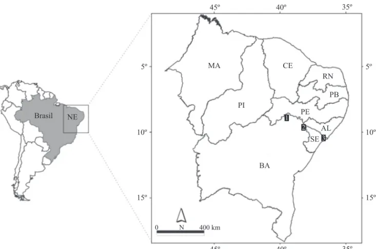 Fig 1 Pontos amostrais de coletas de Euglossini nas matas ciliares do rio São Francisco