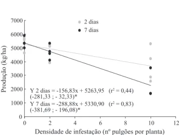 Fig. 1. Relação entre densidade de infestação por R. padi e  produção de grãos de trigo para duas durações de infestação no  campo, em Passo Fundo, RS, 2004