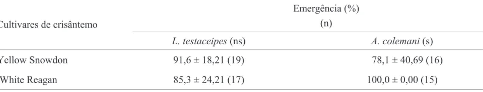 Tabela 4. Emergência (%) de L. testaceipes e A. colemani em A. gossypii criada em duas cultivares de crisântemo.