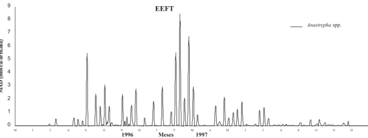 Fig. 6. Flutuação populacional do total de moscas das frutas do gênero Anastrepha, capturadas em armadilhas McPhail na EEFT, INPA, Manaus, AM, de maio de 1996 a dezembro de 1997.