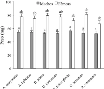 Tabela 2. Sobrevivência (%) dos ínstares e da fase ninfal de P. nigrispinus confinada em algodoeiro e plantas daninhas em casa-telada a 29 ± 1ºC e 71 ± 10% de UR e fotoperíodo natural.