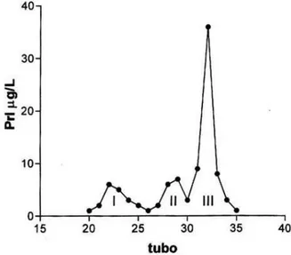 Figura 1. Perfil de eluição de prolactina (PRL) obtido pela cromatografia de gel filtração de soro de pacientes com prolactinoma