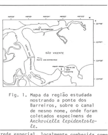Fig.  1.  Mapa  da  região  estudada  mostrando  a  ponte  dos  Barreiros,  sobre  o  canal  de  mesmo  nome,  onde  foram  coletados  especimens  de 