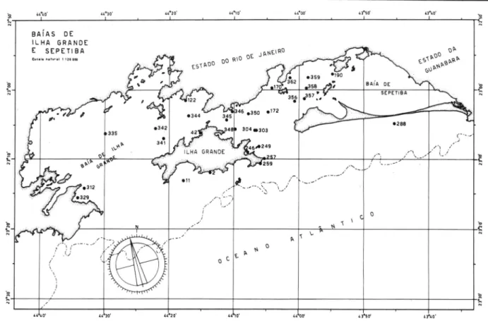 Fig.  1  - Mapa  da  região  da  Ilha  Grande,  com  as  Estações  em  que  foram  coletados  os  equiurídeos  estudados