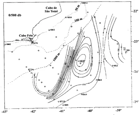 Fig. 12. Imagem AVHRR da costa Sudeste brasileira exibindo os meandros da Corrente do Brasil (tons avermelhados).