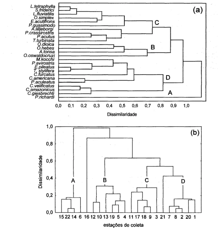Fig. 6. Resultados da análise de classificação das associações zooplanctônicas (a) e das estações de coleta (b) do complexo estuarino de Paranaguá