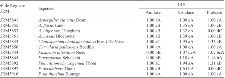 Tabela 1. Índice de Relação Enzimática (IRE) de fungos ilamentosos isolados de solo de sistemas agrolorestais, no Município  de Bom Jardim – PE.