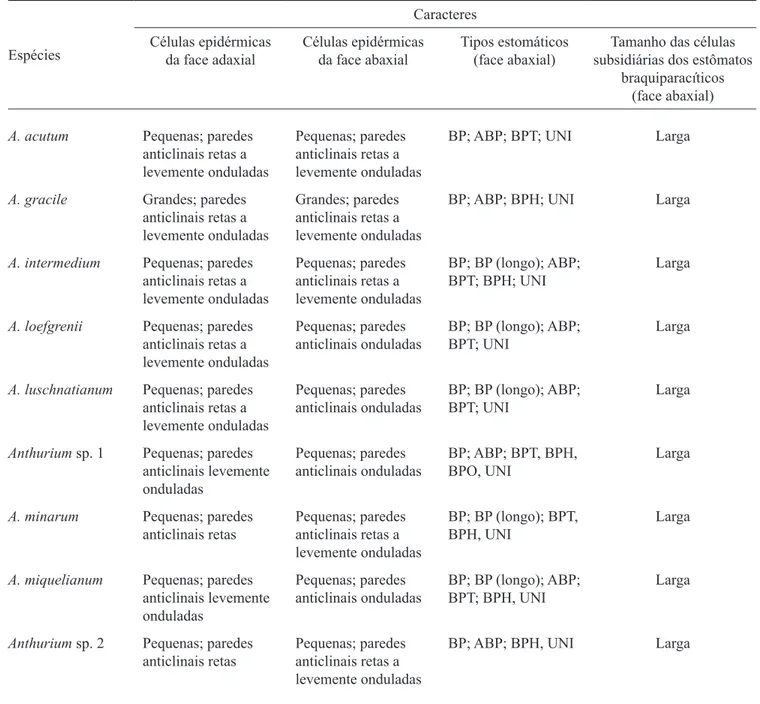 Tabela  1.  Caracteres  anatômicos  da  epiderme  da  folha  de  espécies  de  Anthurium