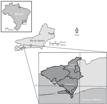 Figura 1. Mapa do Estado do Rio de Janeiro, localizando as  três áreas de coleta das amostras de própolis no Município  do Rio de Janeiro.