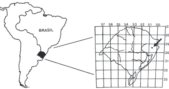Figura 1. Estado do Rio Grande do Sul e a localização da turfeira estudada (•) a 29°29’ S e 50°37’ W, Município de São  Francisco de Paula, Planalto Leste.