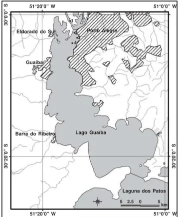 Figura 1. Mapa de localização das estações de amostragem no Lago Guaíba, Porto Alegre, Rio Grande do Sul