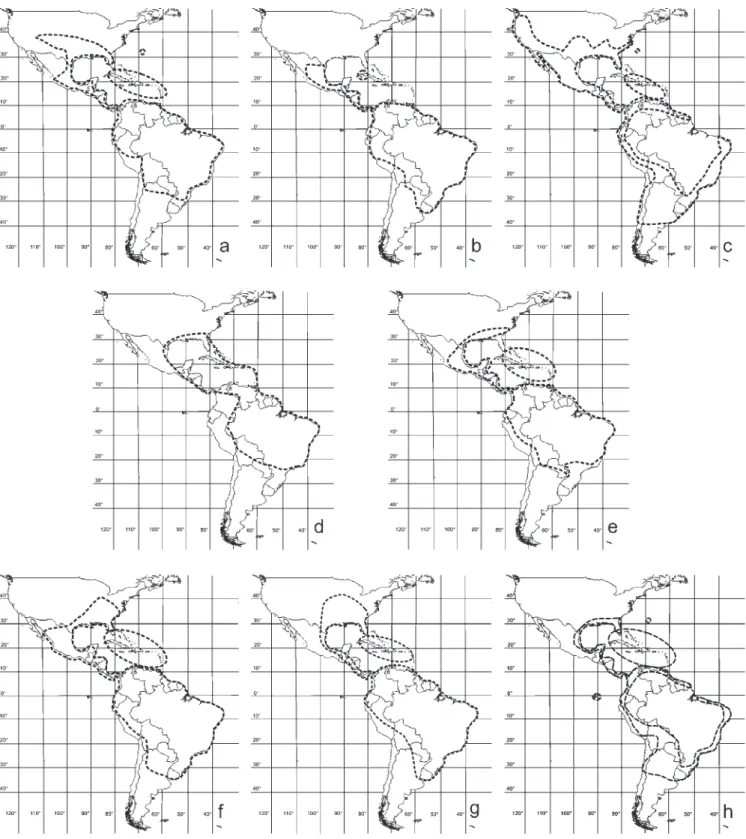 Figura 1. Padrões de distribuição das espécies de Paspalum ocorrentes em Pernambuco. a-h