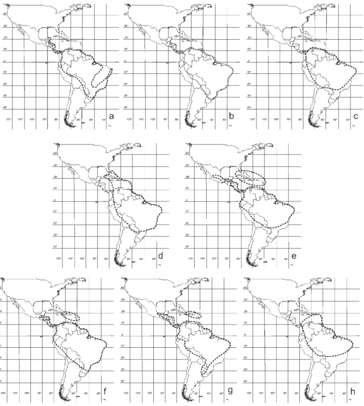 Figura 2. Padrões de distribuição das espécies de Paspalum ocorrentes em Pernambuco. a-h