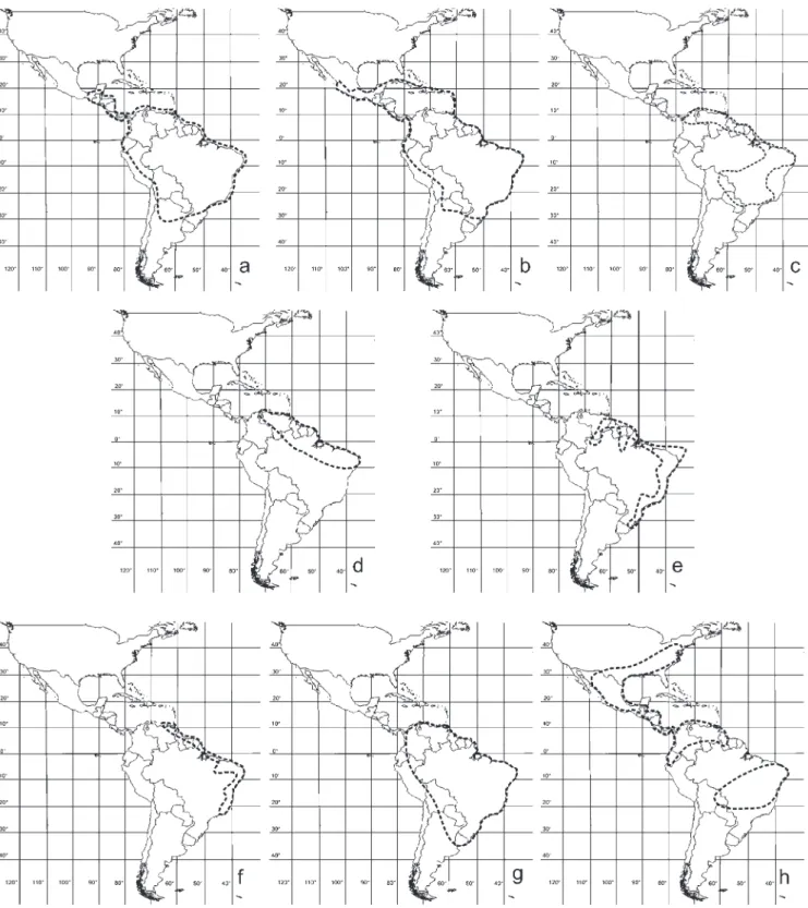 Figura 3. Padrões de distribuição das espécies de Paspalum ocorrentes em Pernambuco. a-g