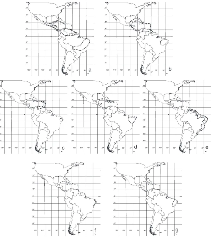 Figura 4. Padrões de distribuição das espécies de Paspalum ocorrentes em Pernambuco. a-e