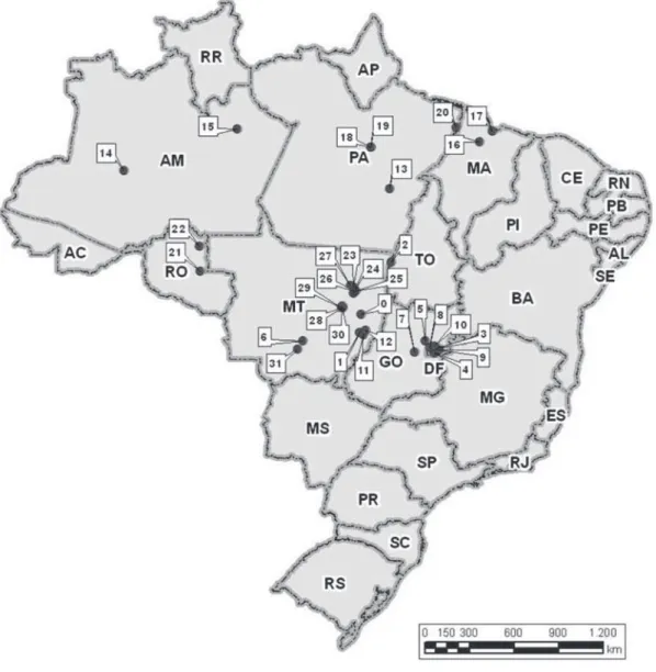 Figura 1. Localização das áreas de ﬂ orestas do Alto Xingu, outras formações ﬂ orestais amazônicas e do Planalto Central  utilizadas na análise de similaridade ﬂ orística (as siglas em parênteses correspondem aos códigos da tabela 1)