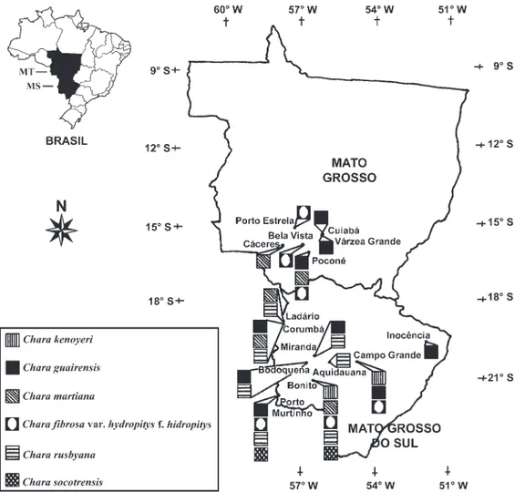 Figura 1. Distribuição geográfi ca das espécies estudadas no Mato Grosso e Mato Grosso do Sul.