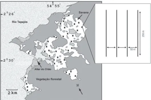 Figura 1. Distribuição das parcelas (retângulos pretos) usadas nos levantamentos florísticos na região de Alter do Chão