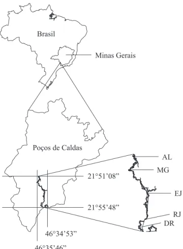 Figure 1. Location of blocks AL, MG, EJ, RJ and DR in the Antas River gallery forest, Poços de Caldas, Minas Gerais State, Brazil.