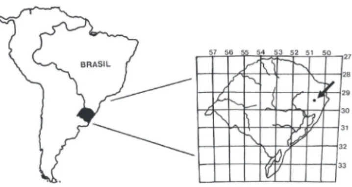 Figura 1. Estado do Rio Grande do Sul e a turfeira estudada a 29°29’ S e 50°37’ W ( ), Município de São Francisco de Paula, Planalto Leste.