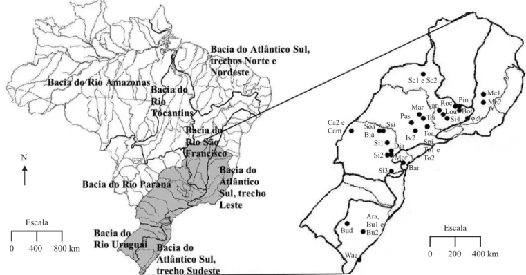 Figura 1. Localização geográfica das 35 áreas de florestas inundáveis das Regiões Sul de Sudeste do Brasil utilizadas nas análises florísticas.