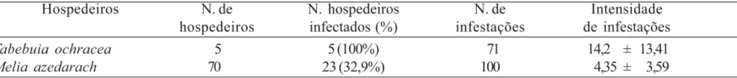 Tabela 3. Total  de hospedeiros, hospedeiros com infestações e número de Phoradendron rubrum por hospedeiro na Floresta Estadual Edmundo Navarro de Andrade, Rio Claro, SP.