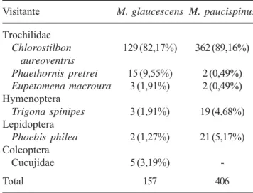 Tabela 1. Freqüências de visitas às flores de Melocactus glaucescens Buining &amp; Brederoo e M