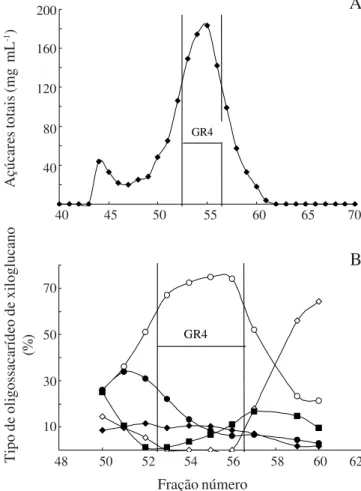 Figura 7.  A. Perfil cromatográfico dos oligossacarídeos de xiloglucano de feijão em BioGel P4, analisados pelos teores de açúcares totais; B