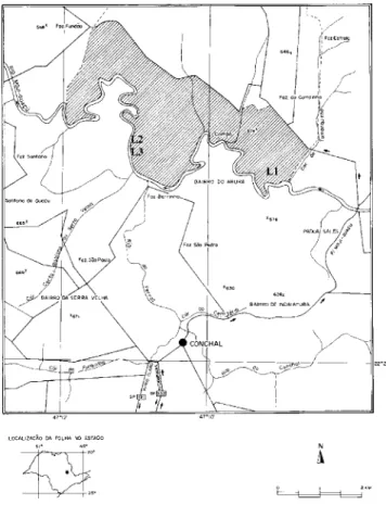 Figure 1. Localization of  the study areas at Estação Ecológica de Guaçu (hatched), on the banks of the river  Moji-Guaçu: flooded area (L1), moist area (L2) and dry area (L3).