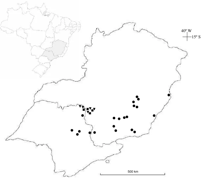 Figura 4. Distribuição geográfica de Barbacenia tomentosa ( — ), Vellozia obtecta ( ¡ ) e V