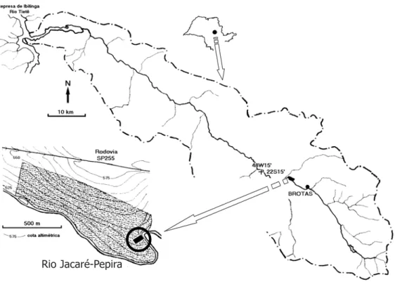 Figura 1.  Localização da mata ciliar estudada na Bacia do Rio Jacaré-Pepira, Estado de São Paulo com o local de estudo assinalado (círculo).
